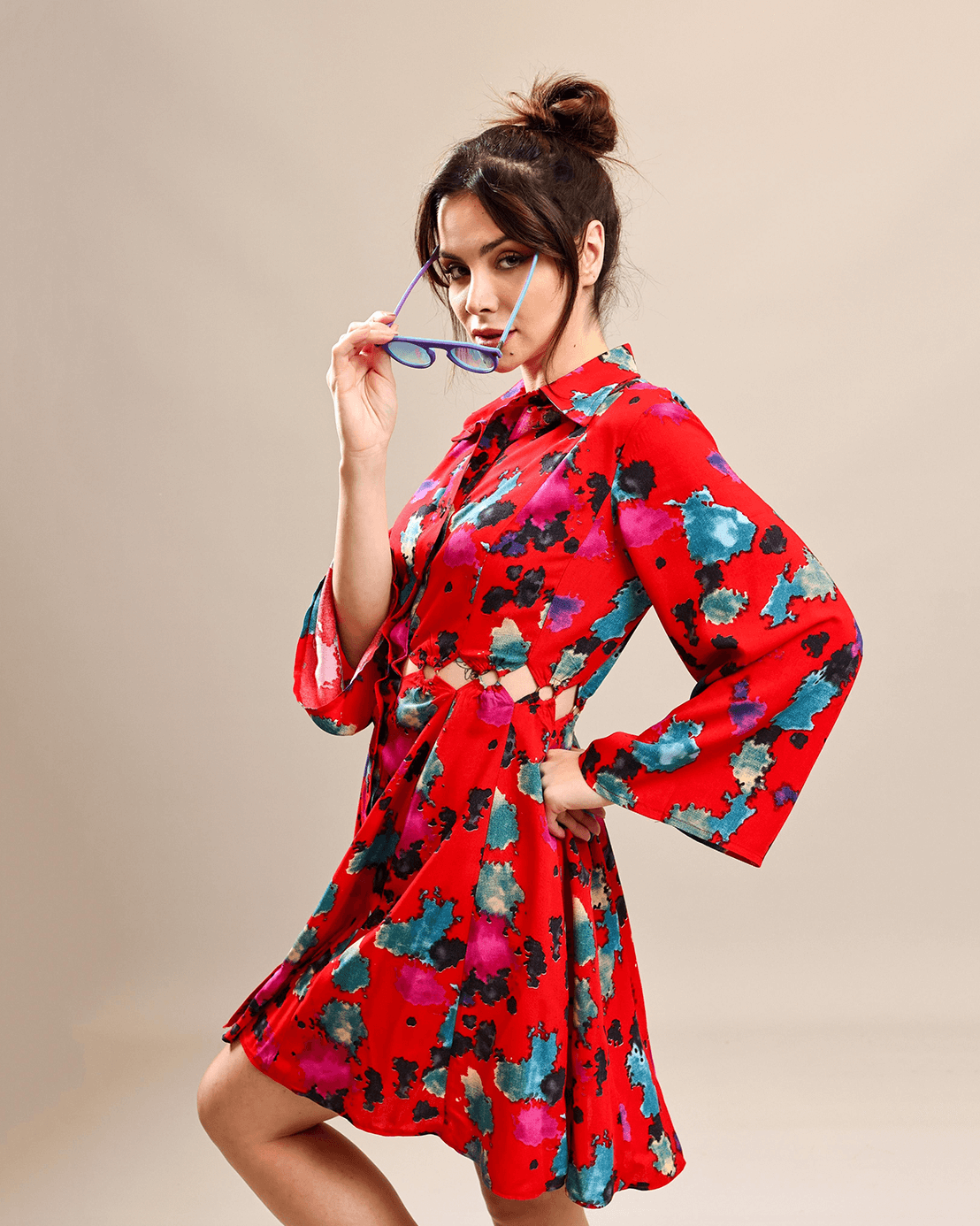 triangle cut dress That's My Stripe Crepe Triangle Waist Cut Out Mini Dress